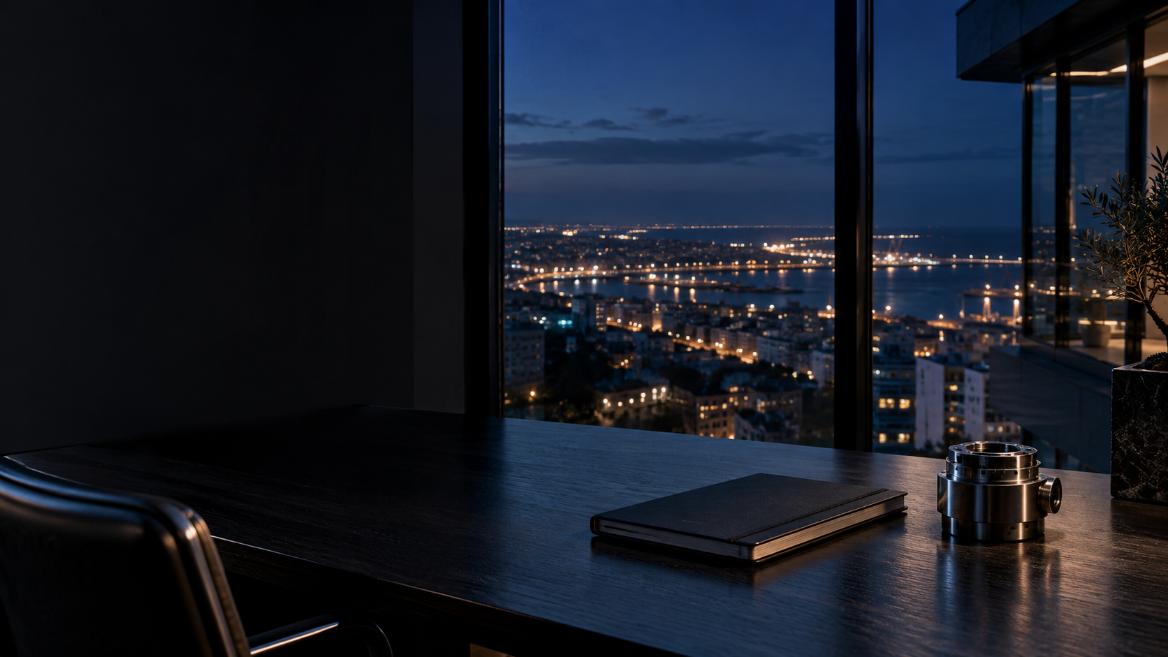 A dark workspace overlooking a Mediterranean city and harbor at night.